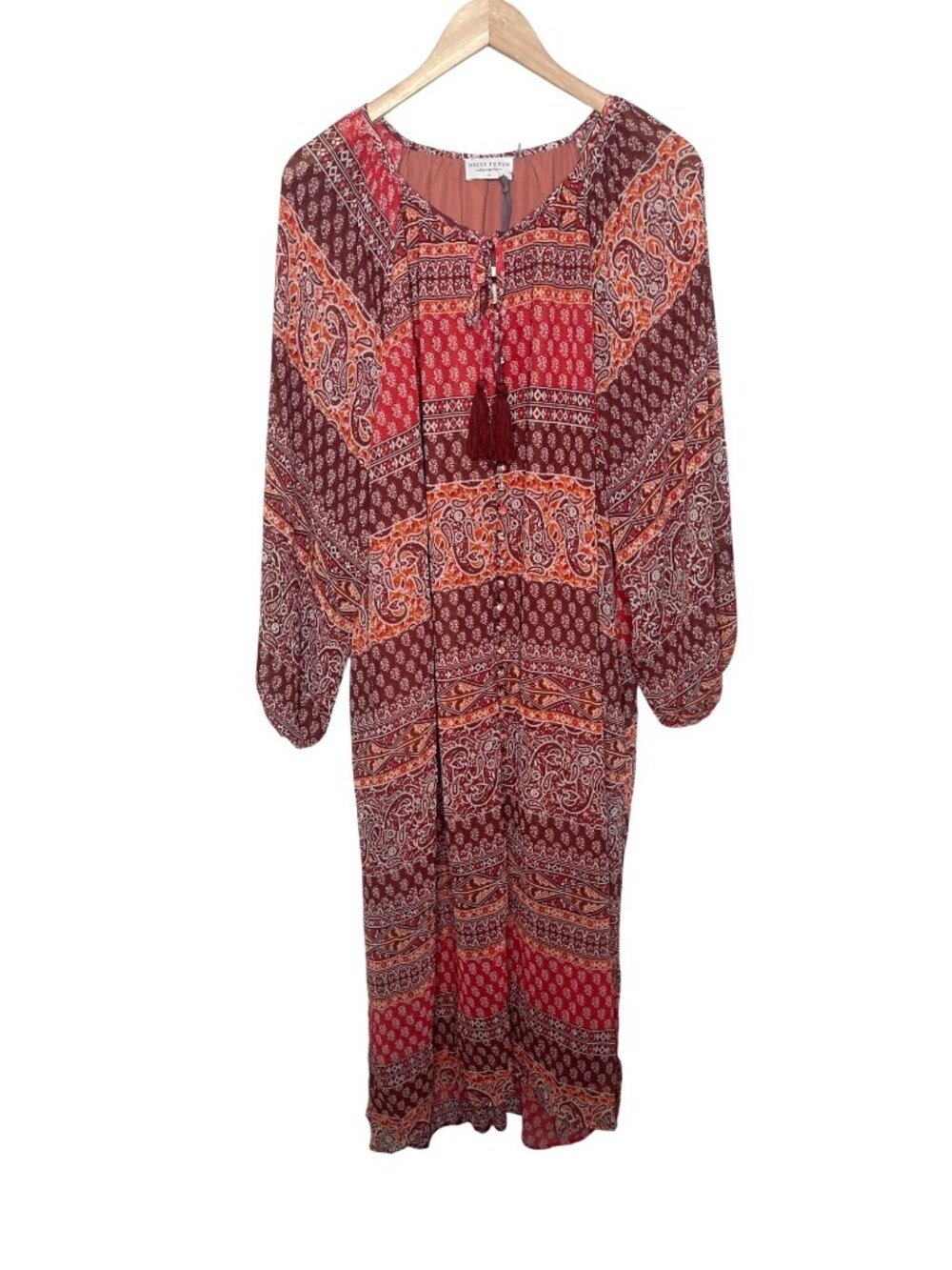 Dress Forum Boho Paisley Midi Dress Tassel Tie Neckline Size Large